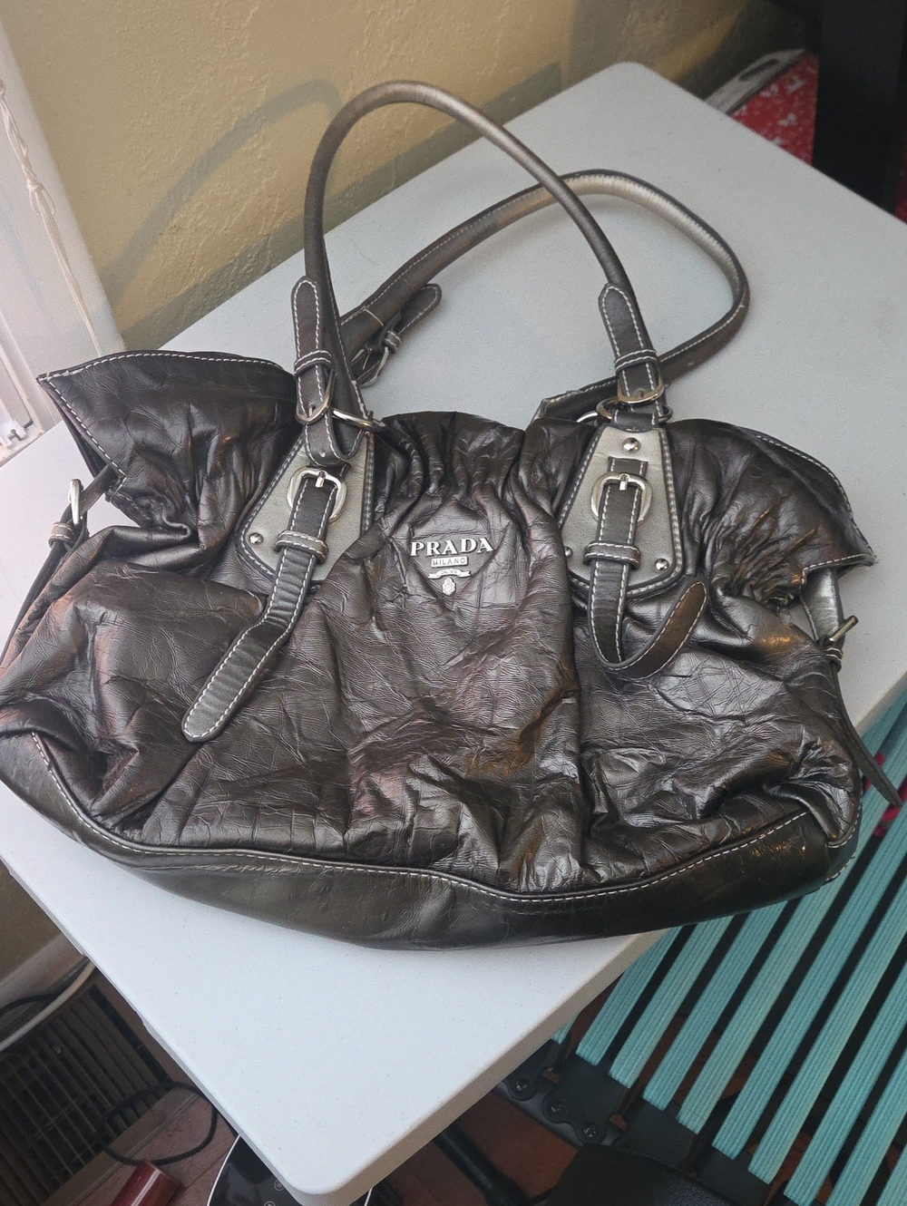Prada Dark Brown Leather Shoulder Bag with Silver Hardware